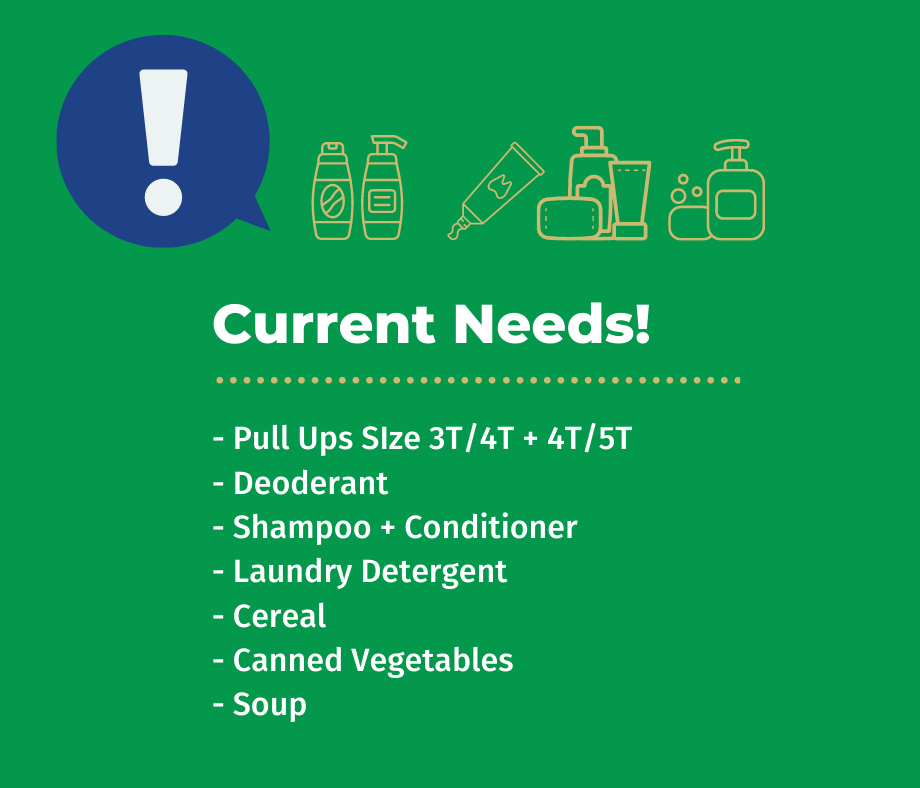 (Alt Text: Text in the image says, "Current Needs! Pull Ups Size 3T/4T & 4T/5T, Deoderant, Shampoo & Conditioner, Laundry Detergent, Cereal, Canned Vegetables, and Soup.")