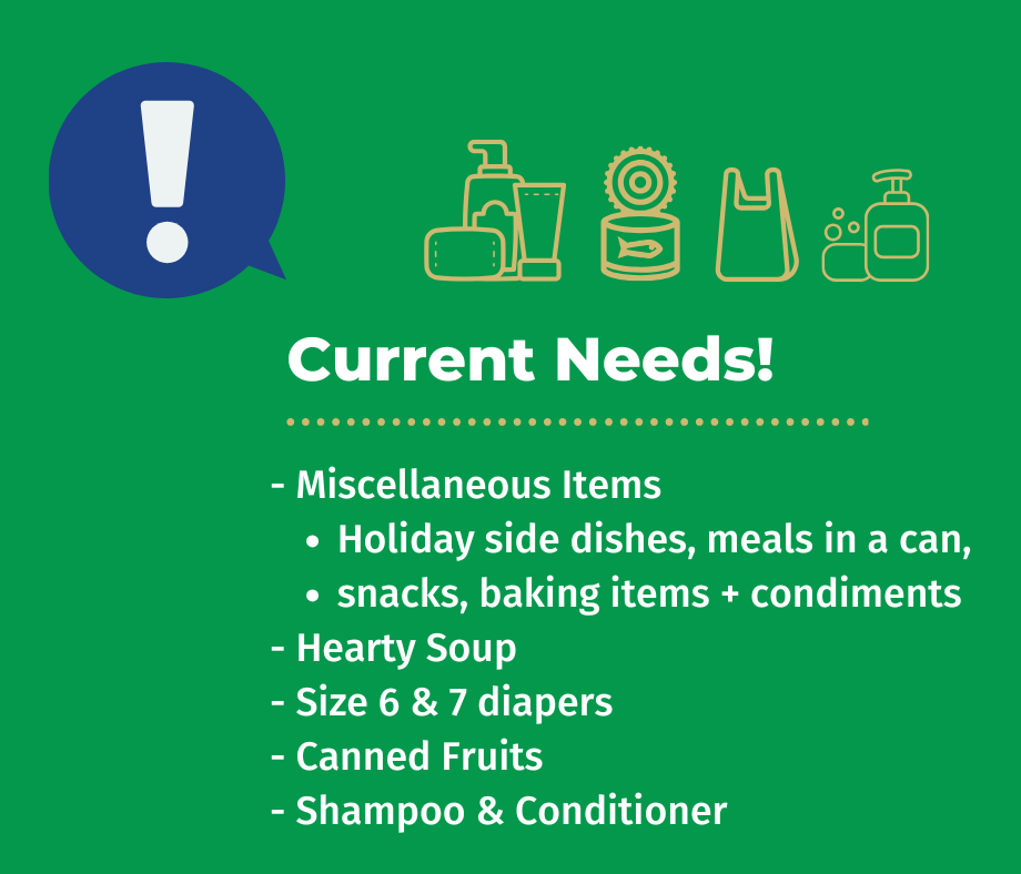 Urbandale Food Pantry Current Needs. Items in High Demand right now are Holiday side dishes, meals in a can, snacks, baking items, condiments, hearty soup, size 6 and 7 diapers, canned fruits, and shampoo and conditioner.