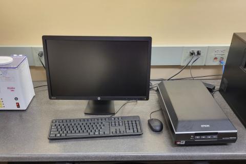 Computer station with scanner. 