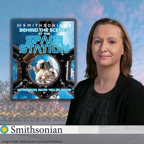 photo of Dr. Jennifer Lavassseur with a book cover of Smithsonian space station