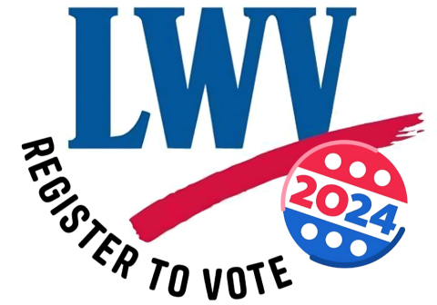 League of Women Voters logo with the words "register to vote" underneath and a 2024 red and blue pin.