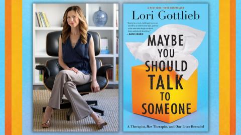 Lori Gottlieb sitting in a chair with her book titled "Maybe You Should Talk to Someone." The cover is light blue with a yellow box of tissues on it.