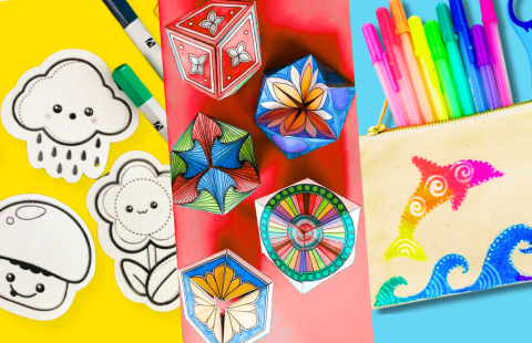 Colorful crafts- a canvas pencil case, a mini notebook with DIY stickers, and a Mandala Kaleidocycle fidget.