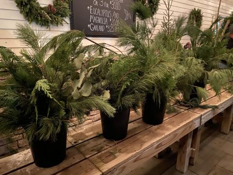 4 black pots on a table with greenery arrangement