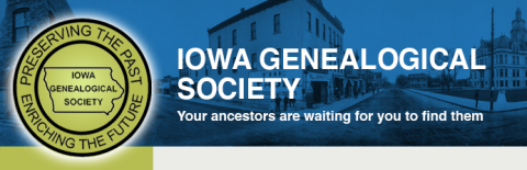 Vintage looking circular stamp with "Preserving the Past. Enriching the Future," around the outside and an outline of the state of Iowa with Iowa Genealogical Society written inside as their logo.