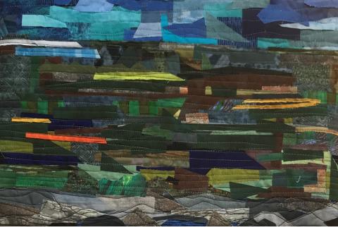 Quilt made by a member of Central Iowa Textile Artists titled Reykjavik Skyline. Includes strips of color sewn together blending from blue to green to brown.