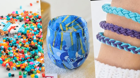 Shows the three DIY gifts to make: mini perler beads to make a keychain, a decoupage candle holder, and a braided faux leather bracelets