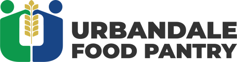 Urbandale Food Pantry logo. The letter U looks like two bodies holding up a stalk of wheat in the middle.