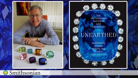 Author Jeffrey Post next to image of a blue gem surrounded by diamonds on the cover "Unearthed" 