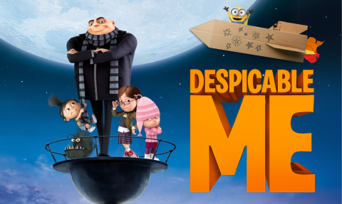 Despicable Me poster with minion in cardboard box rocket ship