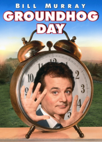 Groundhog Day poster. Bill Murray stuck in a clock.