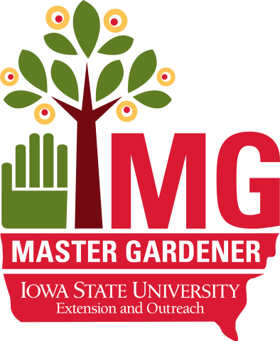 Master Gardener Iowa State University Extension and Outreach logo with a green hand and tree