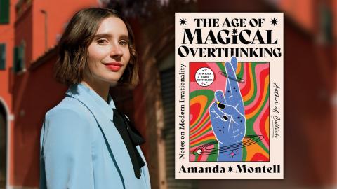 Photo of Amanda Montell wearing a blue jacket with a cover of her book, "Magical Overthinking" on display