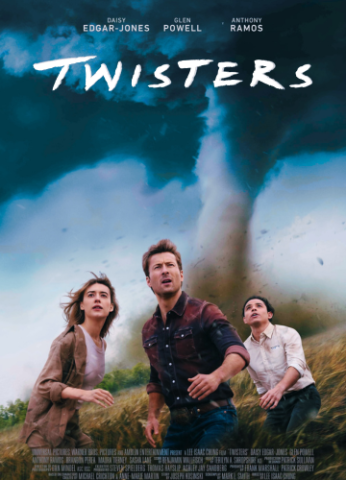 Twisters movie poster. Shows a twister in the background of a cornfield and three people running from it.