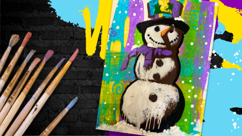 Painting of a graffiti style snowman with purple, blue, yellow, and green background.