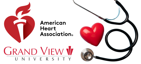 American Heart Assoc and Grand View University Logos with a stethoscope and a small toy heart. 