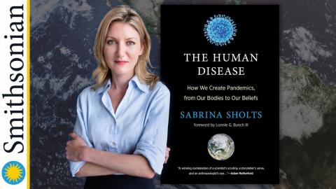 Photo of author Sabrina Sholts next to cover of book, "The Human Disease"