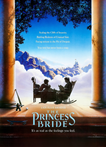 Princess Bride movie poster. Shows the outline of a kid sitting in bed and his grandpa sitting next to him. In the background are tall columns and clouds and mountains.