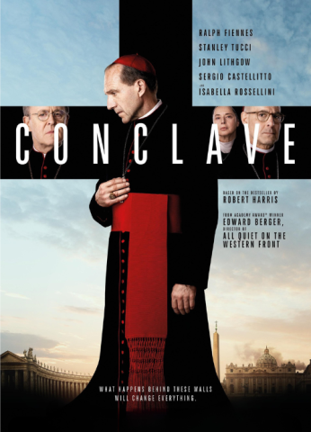 Conclave movie poster. Man in a cardinal outfit looking deep in thought in front of cross.