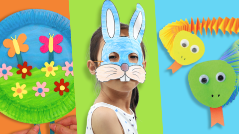 Three spring crafts, a bunny mask, a gardenscape plate, and wiggly snake.