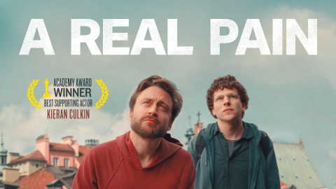 A Real Pain movie poster with Jesse Eisenberg and Kieran Culkin