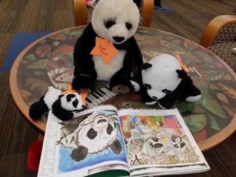 Panda bear stuffed animals reading a book about pandas