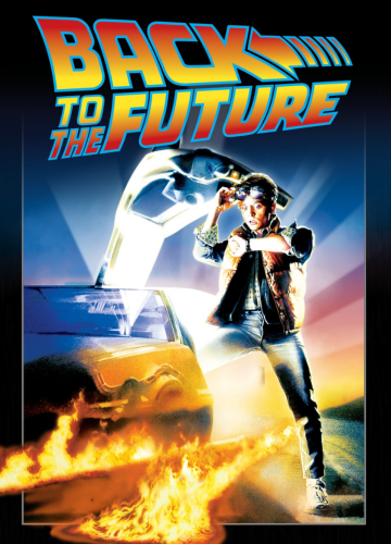 Back to the Future movie poster. Marty McFly stepping out of the delorian looking at his watch in shock with flames coming from the car tire tracks.