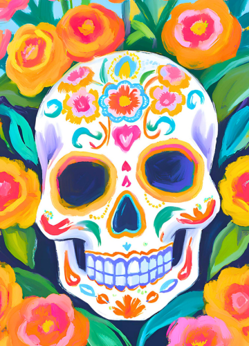 Colorful sugar skull painting with marigold flowers around the skull.