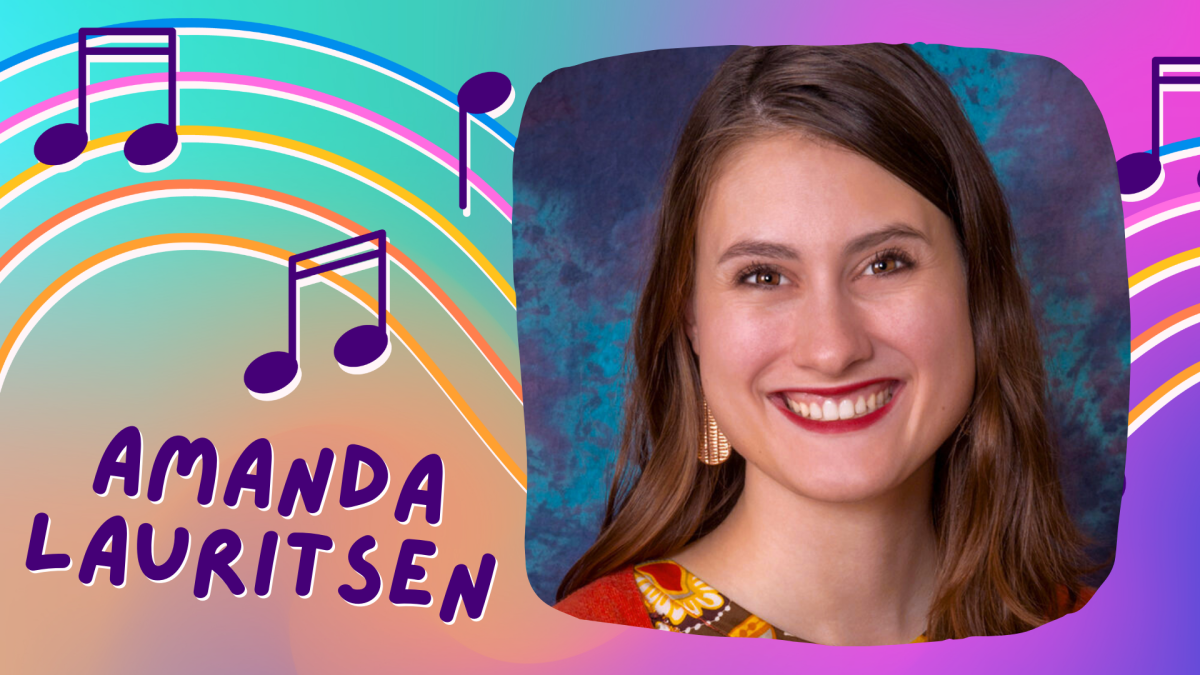 Amanda Lauritsen smiling with rainbow colored background and multicolored musical notes.