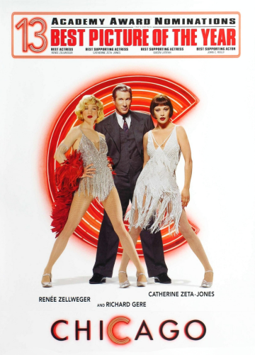 Movie poster for Chicago. A man in a suit and two women in flapper dresses on either side of him. A big red neon-esque letter C is behind them.