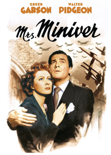 Mrs. Miniver film poster. A man and a woman are holding each other and looking up concerned at all the planes in the sky.