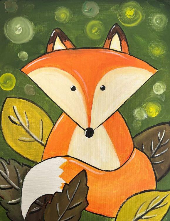 A painting of a fox with leaves and a green swirling background.