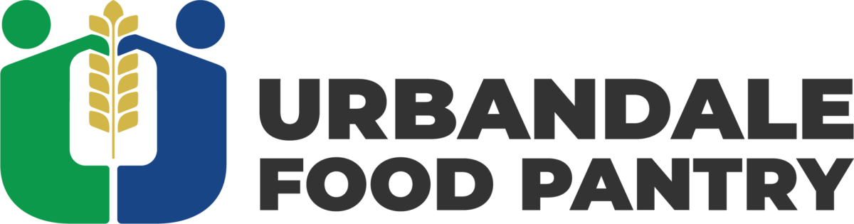 Urbandale Food Pantry logo. The letter U looks like two bodies holding up a stalk of wheat in the middle.