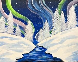 Northern Lights snowy painting