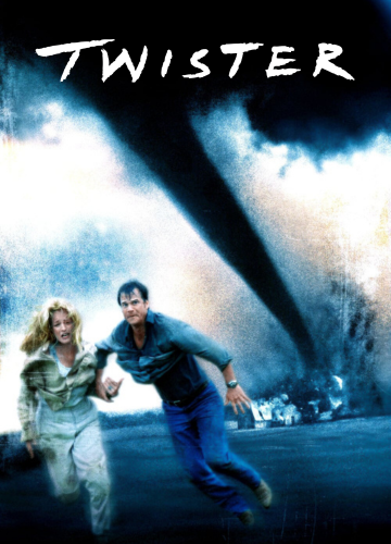 Twister movie poster. Shows a twister in the background of a cornfield 2 people running from it.