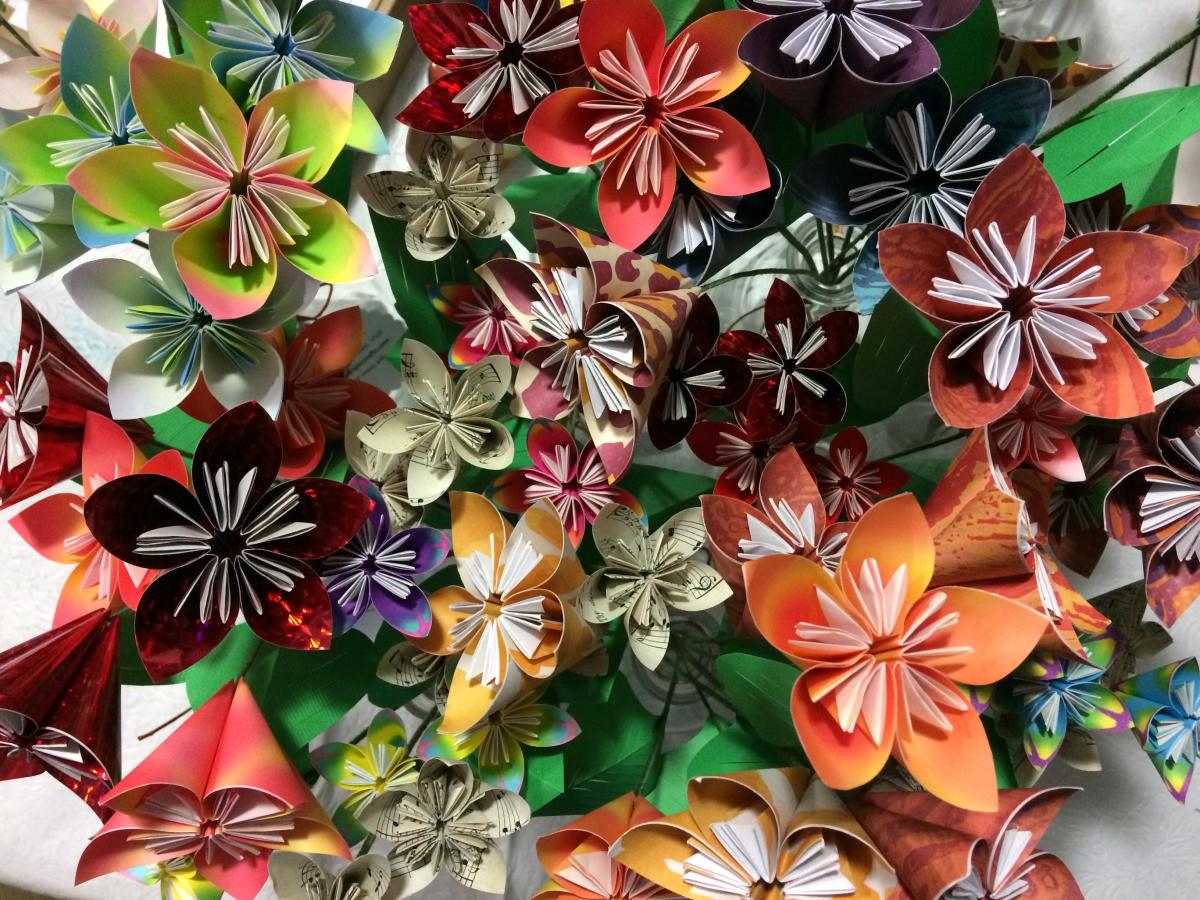 multi-colored origami flowers