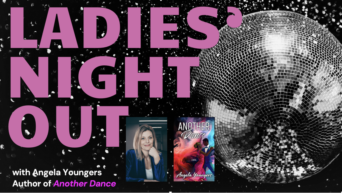 ladies night out with disco ball and photo of author and book cover