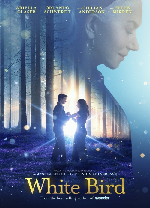 White Bird movie poster. A boy and a girl holding hands and dancing in the woods.