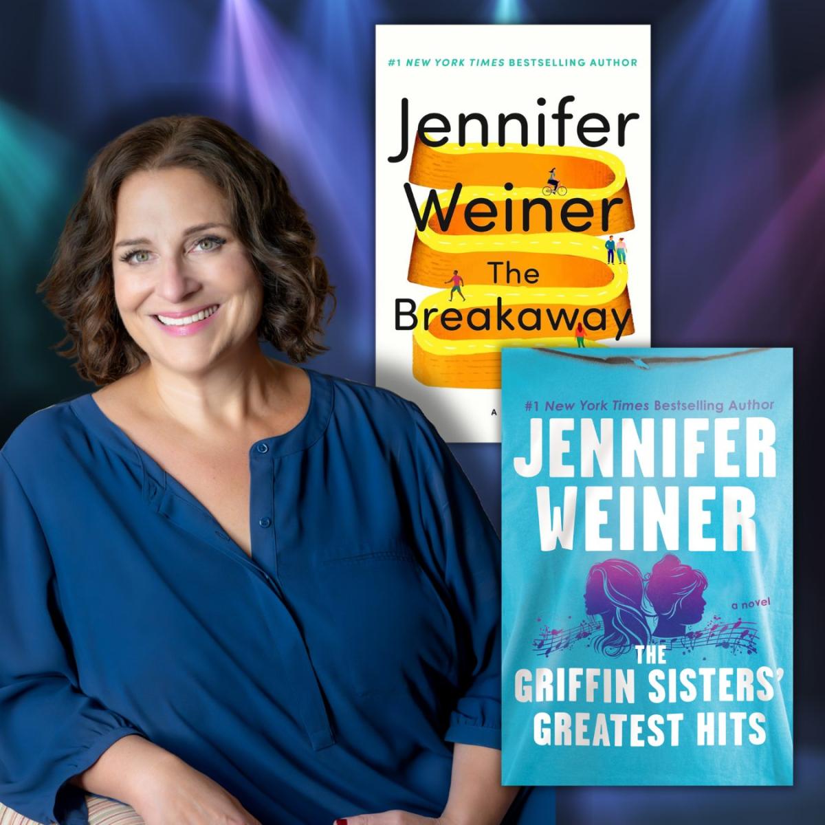 Photo of author Jennifer Weiner with book covers