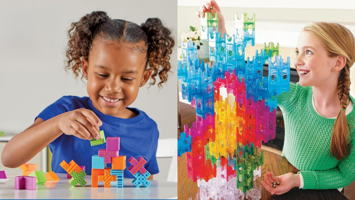 Kids playing with puzzle building blocks and marble runs.