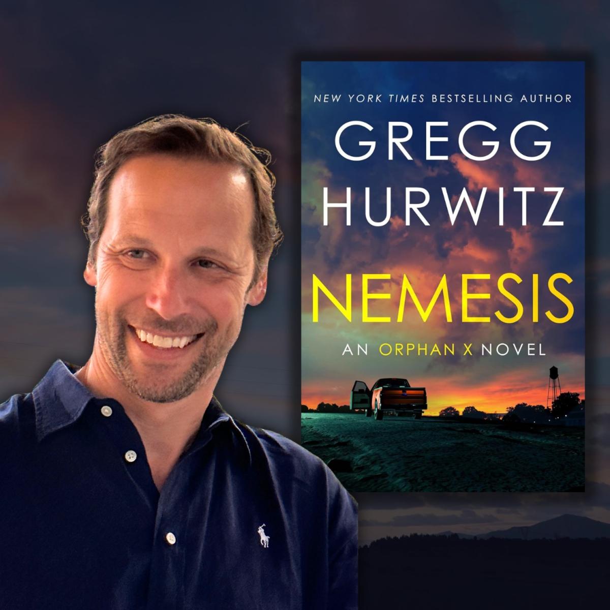 photo of Gregg Hurwitz with book cover "Nemesis"